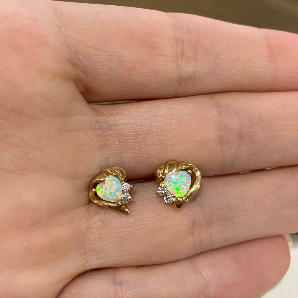 Vintage 10k Gold Heart Stud Earring set with heart shaped opals and 2 diamonds